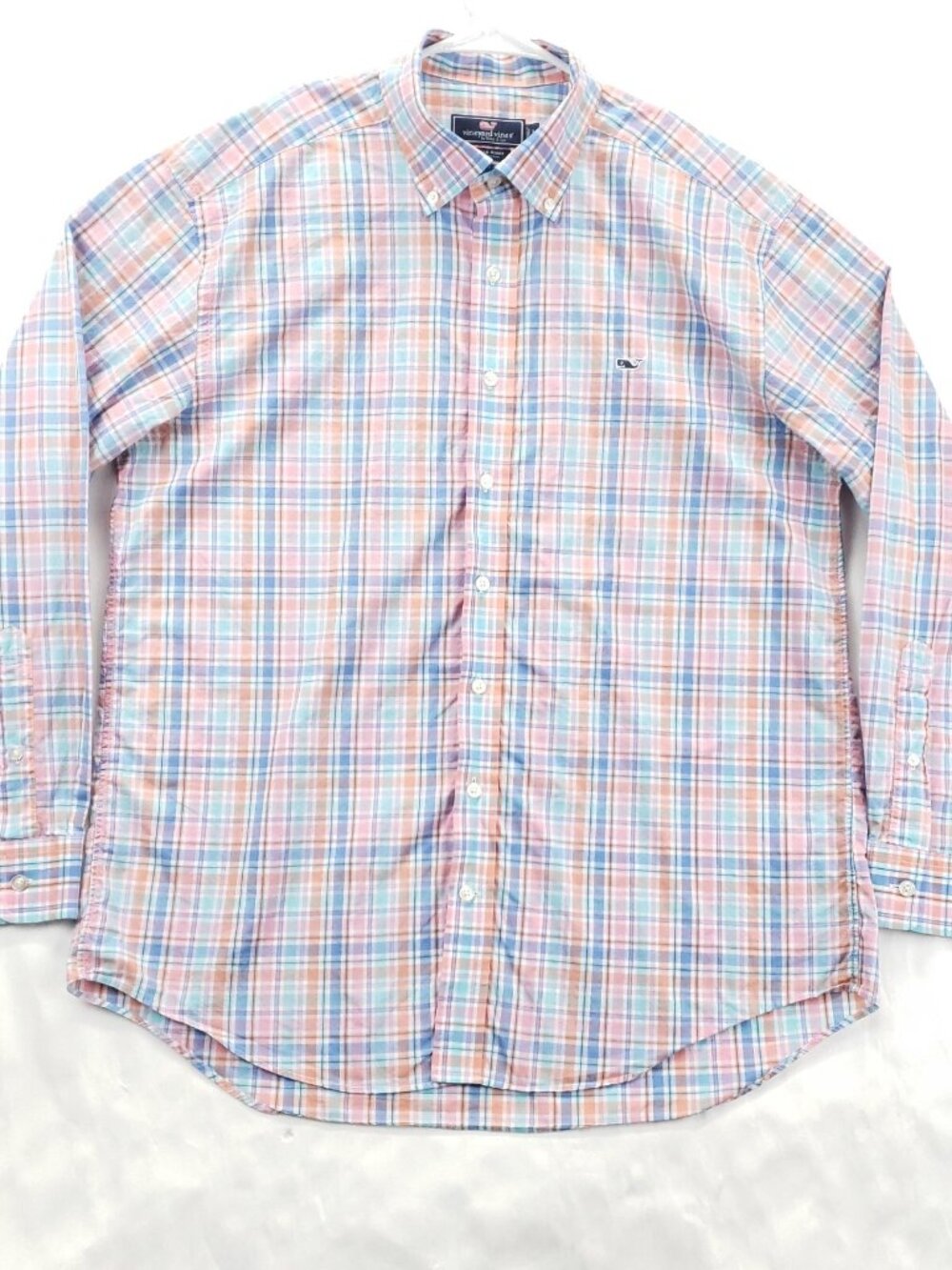 Vineyard Vines Shirt Mens Large Pink White Plaid Whale Long Sleeve Button-Down
